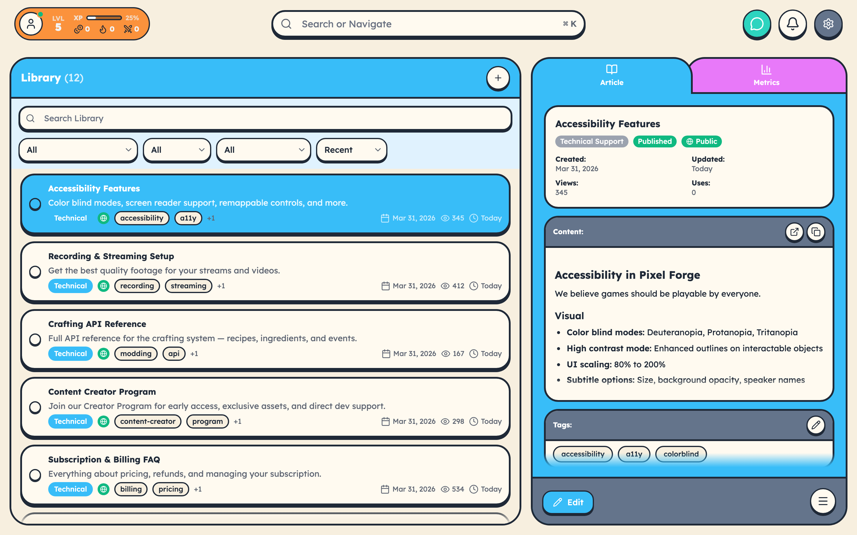 Library list showing categorized articles with view counts