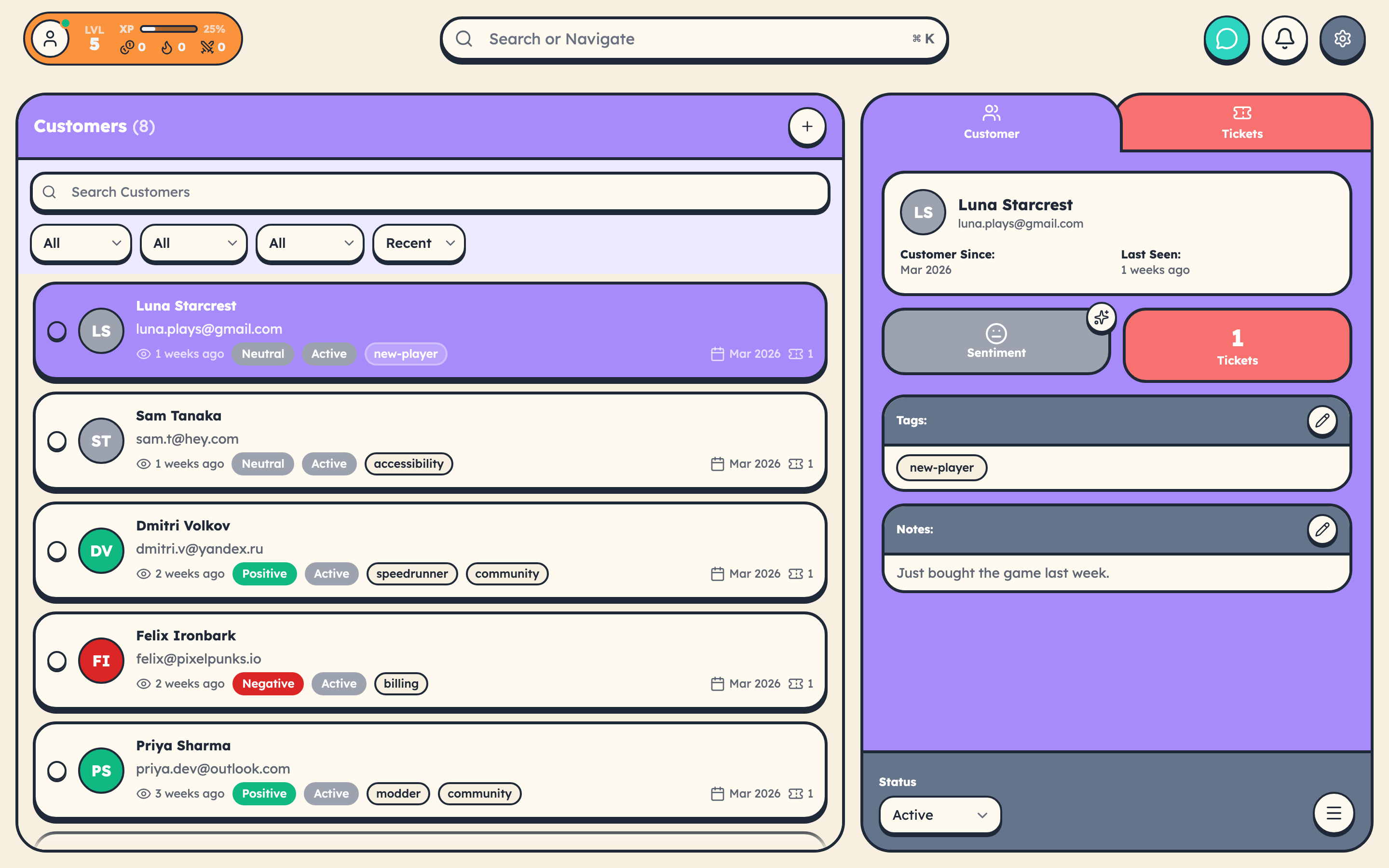 Customer list with tags