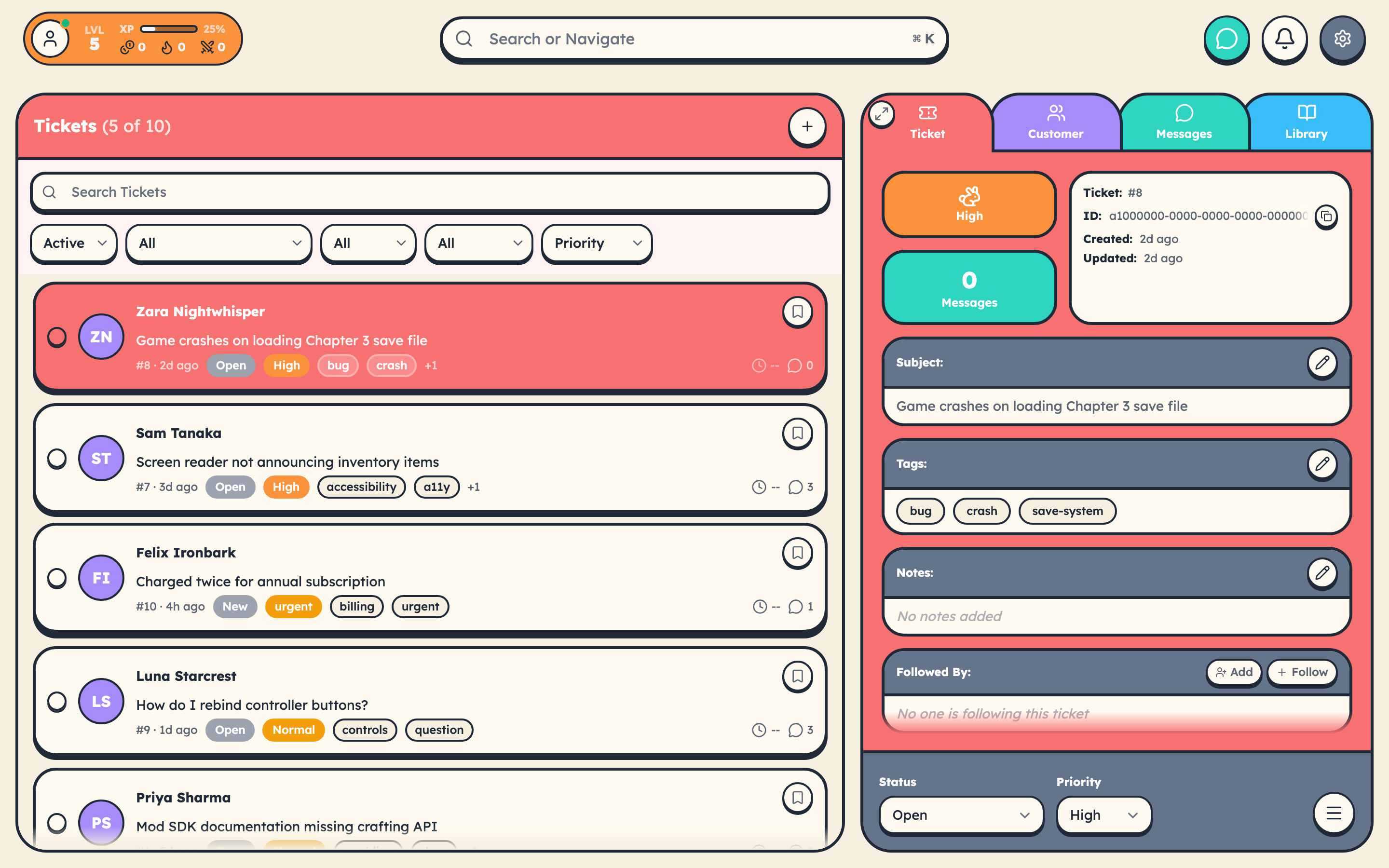 cStar ticket list showing real support conversations