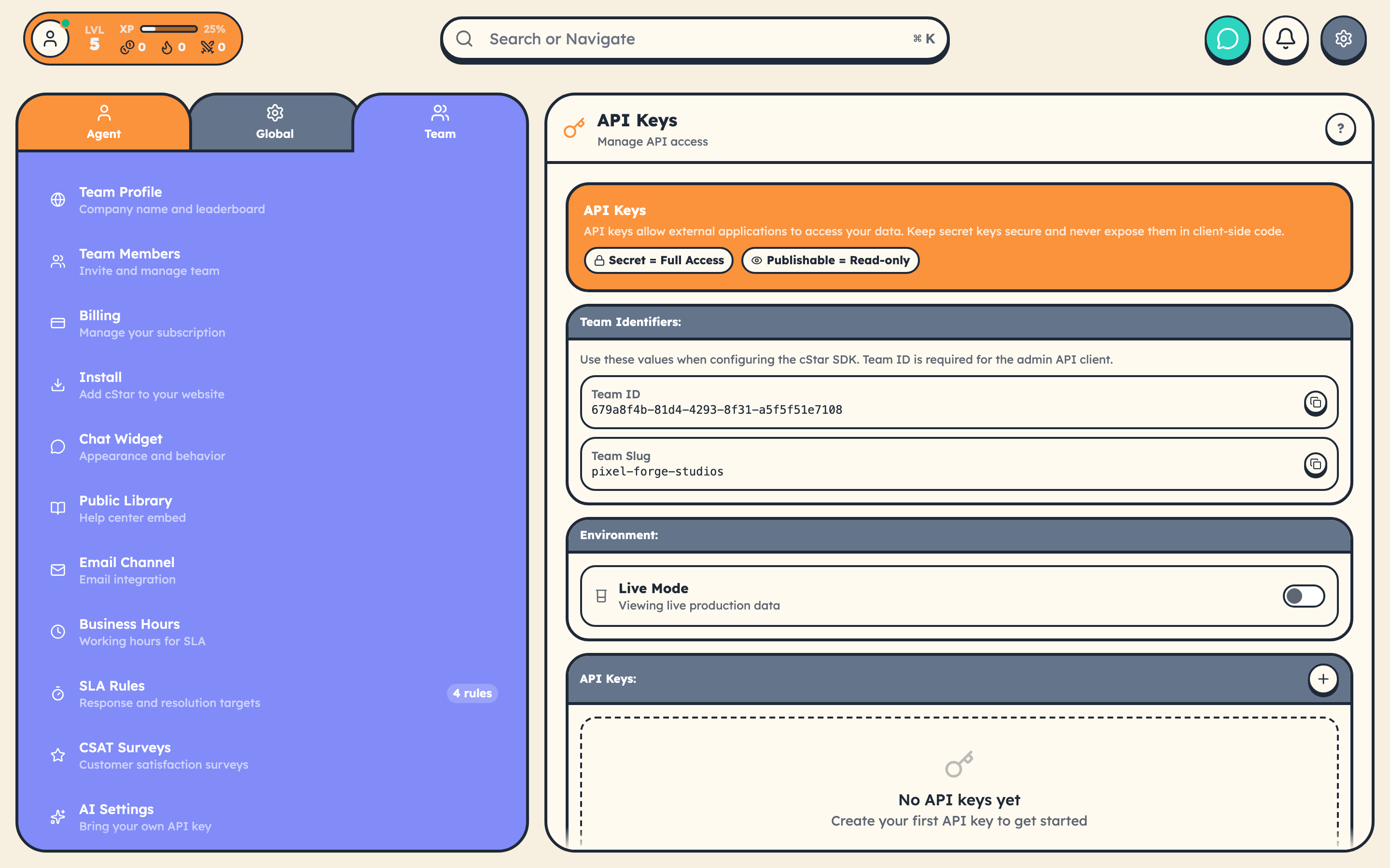 API Keys page