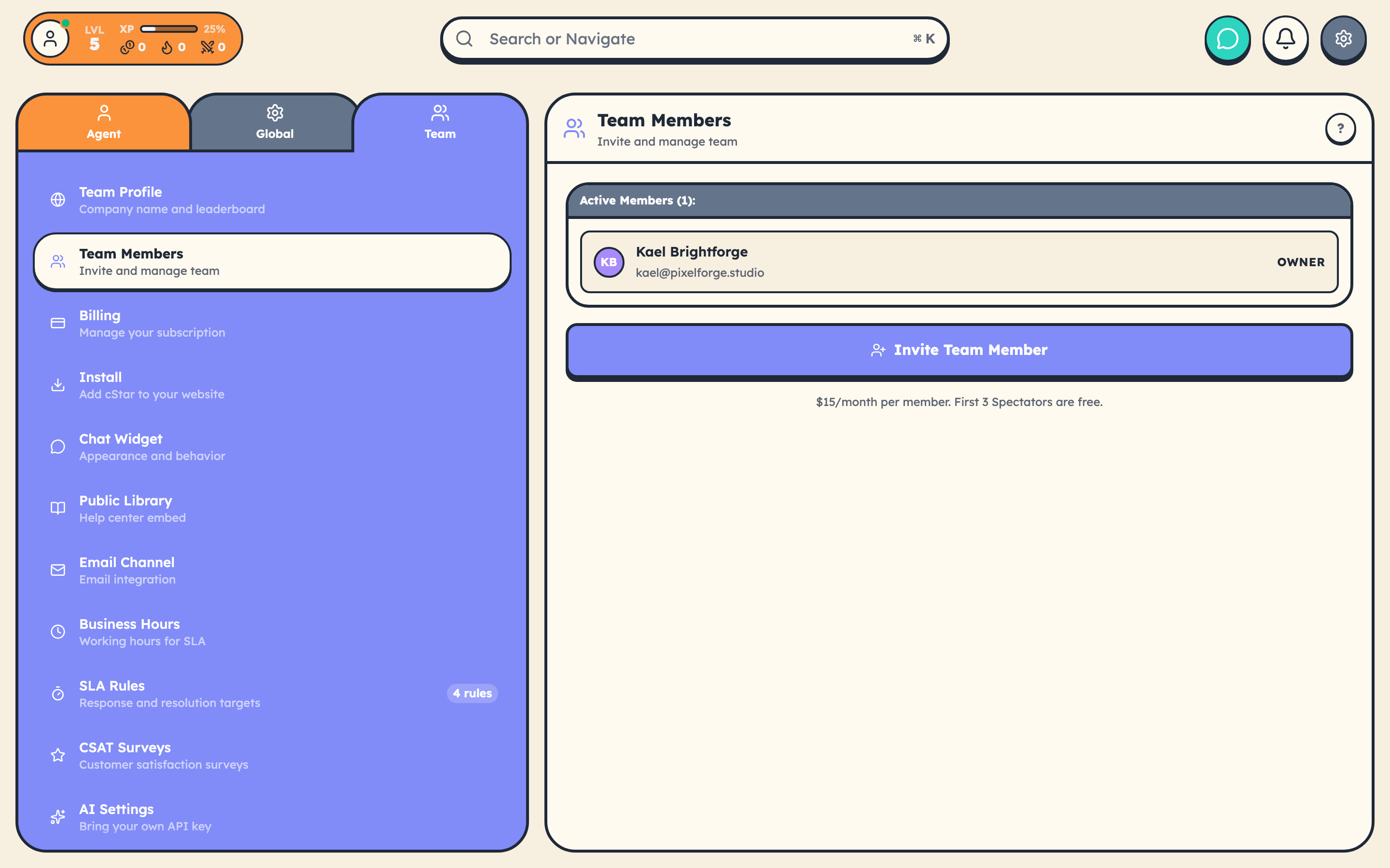 Team members settings