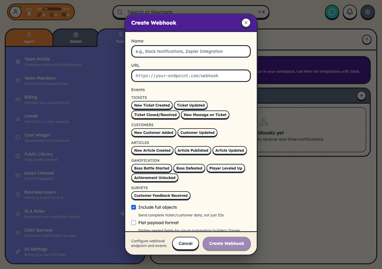 Create Webhook modal showing event types for Tickets, Customers, Articles, and Gamification