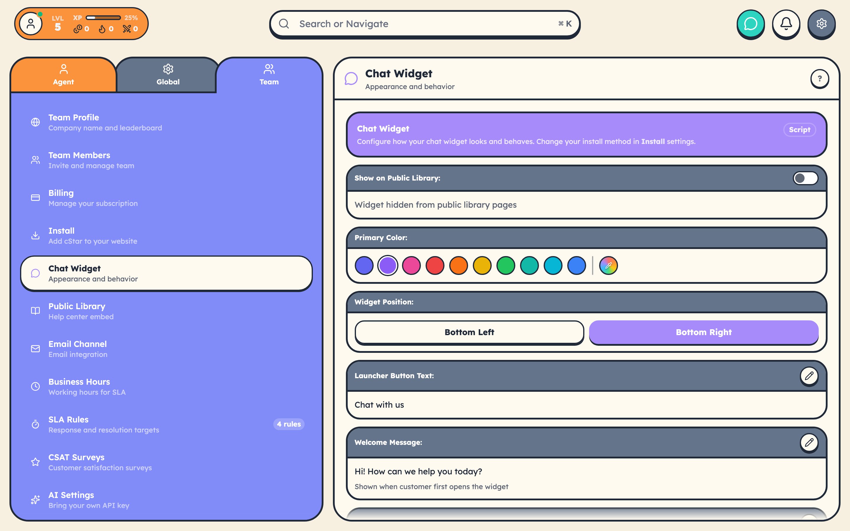 Widget settings panel